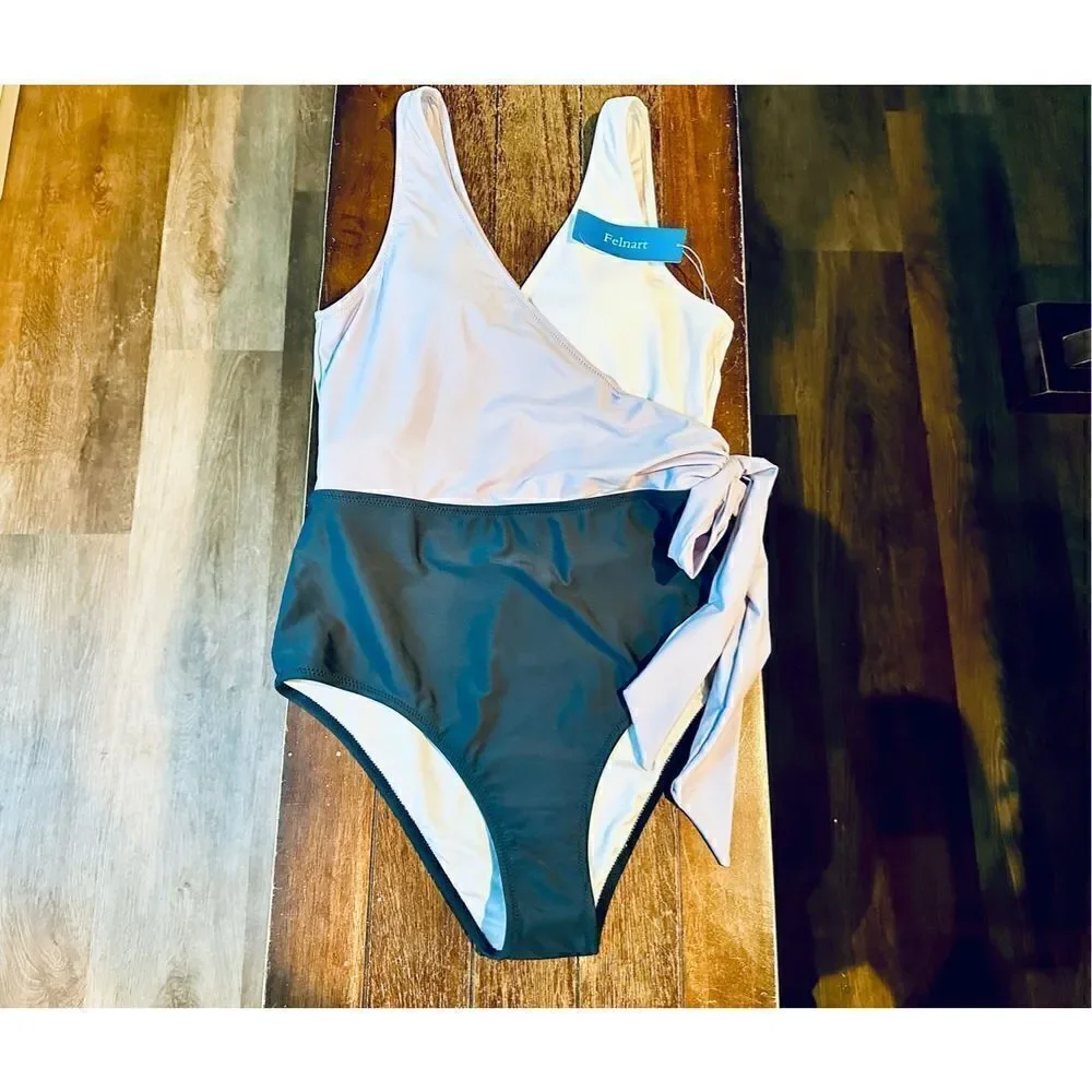 Felnart Swimsuits for Women V Neck Color Block Wrap One Piece Swimsuits Bowknot